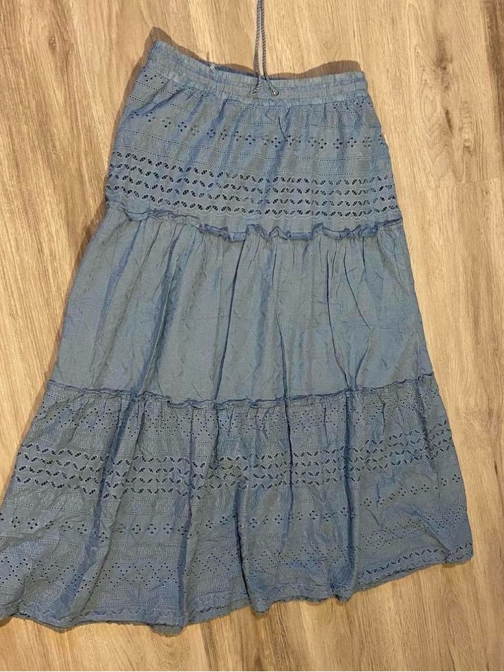 Blue Tiered Eyelet Maxi Skirt